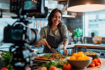 Culinary Delights on Camera. Food influencer presents dish to camera in kitchen.