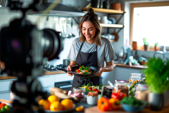 Culinary Delights on Camera. Food influencer presents dish to camera in kitchen.