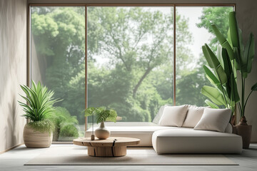 Zen Scandinavian Retreat. Minimalist Scandinavian room with white sofa and vibrant indoor plants by a large window.