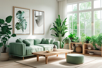 Soothing Scandinavian Living Space with Forest View. Airy living room with large windows, lush plants, and modern art.