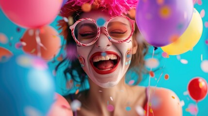 Exuberant woman laughing, surrounded by vibrant balloons and confetti, , April Fools' Day - obrazy, fototapety, plakaty