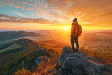 Explorer Overlooking Sunset in Vast Wilderness. Lone traveler with a backpack standing atop a ridge, gazing at the breathtaking sunset over the majestic landscape.