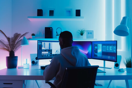 Modern Home Office with High-Tech Computer Setup. Person working late at a contemporary home office with a sophisticated dual monitor computer setup, ambient lighting, and stylish decor. - Powered by Adobe