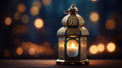 Ornamental Arabic lantern with burning candle glowing at night and glittering golden bokeh lights. Festive greeting card, Muslim holy month Ramadan Kareem. Dark background. 3D illustration rendering, 
