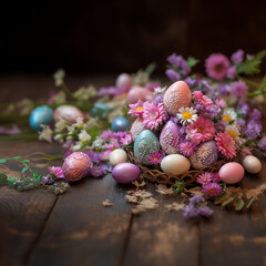 Obraz premium Easter eggs and spring flowers on a wooden floor