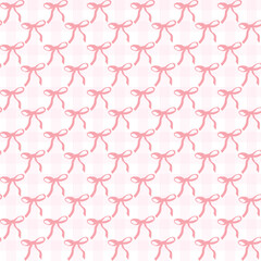 cute coquette aesthetic pattern seamless pink ribbon bow gingham isolated on white background.