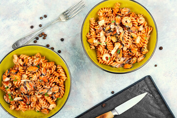 Pasta with mussels and shrimp.