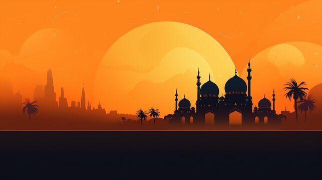 Ramadan greeting card on orange background. Vector illustration, generative ai, 