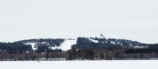 Laajavuori, Jyväskylä, Alpine skiing and Ski jumping center shot from Tuomiojärvi