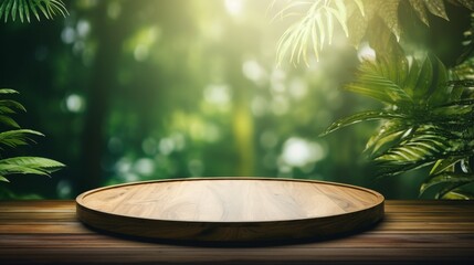 Fototapeta premium Empty wooden table top product display showcase stage. Tropical green jungle in the background.