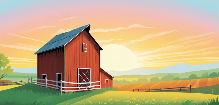 illustrazione di grande sole che tramonta su campi coltivati e un fienile, paesaggio campestre