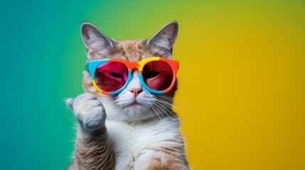 Cat wearing sunglasses and giving thumb up. Adorable pet illustration. - obrazy, fototapety, plakaty