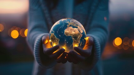 Hands cradling a glowing globe against a dusk sky backdrop