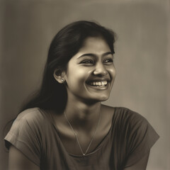 Laughing young Indian woman with straight hair wearing silver on a silver background, black and...