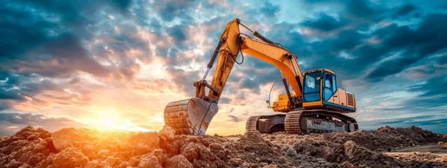 Foto op Canvas Hydraulic Excavator in Action at a Dusty Construction Site, epic illustration  © Infini Craft