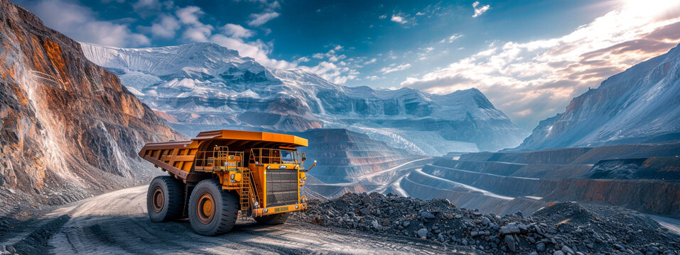 Massive Orange Haul Truck in Open Pit Mining Landscape, epic illustration
