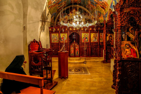 Our Lady of Hamatoura orthodox monastery, Kannoubine Valley, Lebanon. Monk in church