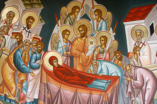 St Elie (Saint Elias) Greek orthodox church, Rabieh, Lebanon. Painting depicting the Dormition (Virgin Mary's death surrounded by disciples of Jesus)