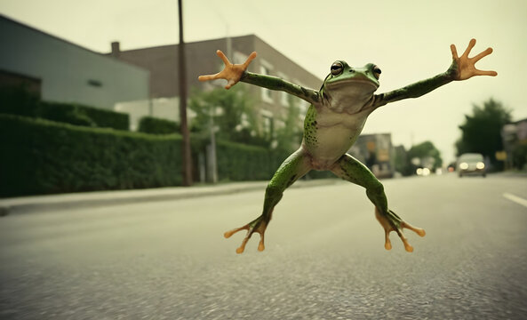 Frog in the air jumping over the street, concept illustration saying drive slowly, Stop, danger, frogger