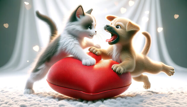 Adorable digital illustration of a playful kitten and puppy tussling over a large red heart cushion, with a whimsical backdrop of heart-shaped bokeh lights.Concept of love. AI generated.