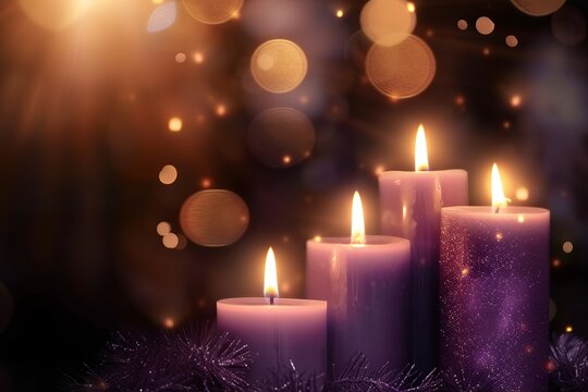Purple Candles as a Catholic Symbol Amidst Gentle Bokeh Lights. Made with Generative AI Technology
