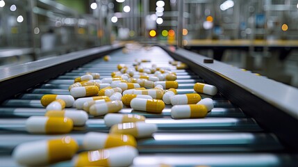 Fototapeta premium A state-of-the-art pharmaceutical factory featuring dynamic pills moving along conveyors, illustrating drug manufacturing processes.