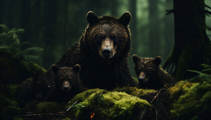 Recreation of bear mom and her cubs bear in a wet forest	