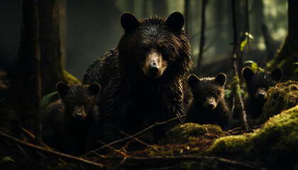 Recreation of bear mom and cubs bear in a forest	