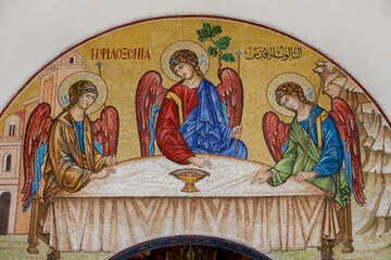 Saint Paul melkite (Greek catholic) cathedral, Harissa, Lebanon. Mosaic depicting the Trinity.