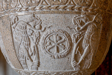 Saint Paul melkite (Greek catholic) cathedral, Harissa, Lebanon. Baptistery reliefs