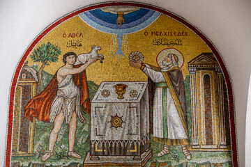 Saint Paul melkite (Greek catholic) cathedral, Harissa, Lebanon. Mosaic depicting Abraham's...