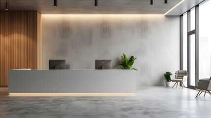wide angle shot of a reception desk in a corporate office, empty wall behind desk, natural light,