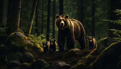 Recreation of bear mom and cubs bear in the forest