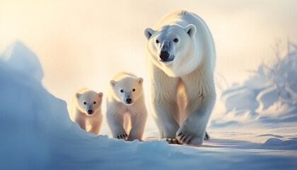 Recreation of mom polar bear and her cubs bear walking in the Arctic