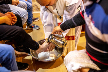 Maundy Thursday celebration in Our Lady maronite church, Bdadoun, Lebanon. Washing of the feet ritual
