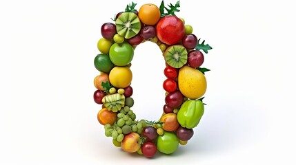Assorted fruits and vegetables arranged to form a colorful and healthy number 0 on white background