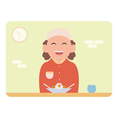 vector illustration of a cute child character breaking the fast simple concept eid mubarak happy