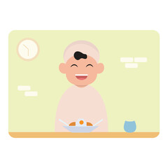 vector illustration of a cute child character breaking the fast simple concept eid mubarak happy