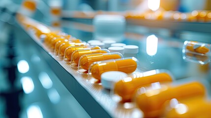 Cutting-edge pharmaceutical facility with pills in motion on conveyors, highlighting advanced drug manufacturing techniques. - obrazy, fototapety, plakaty