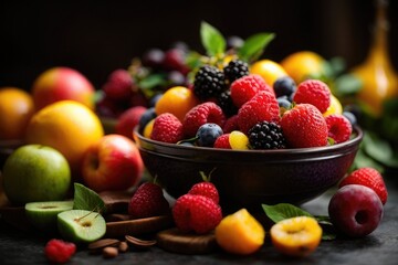 a bowl of fruit sitting on top of a table, bowl of fruit. 