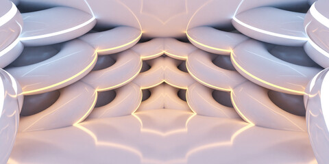 Fototapeta na wymiar Abstract futuristic studio wall With Soft Pastel lighting, reflections and round Geometric Shapes