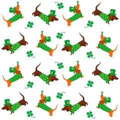St. Patrick's day Seamless Pattern background. Simple trendy pattern with dogs.  For the design of fabric, wrapping paper, wallpaper, prints, clothing, packaging and postcards. 17 march. illustration