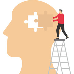Psychology specialist doctor work together to fix connecting jigsaw pieces. brain or head puzzle vector illustration for world mental health day poster concept background. Tiny people modern style des