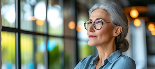Middle aged woman with glasses looking out of office window, professional setting with text space