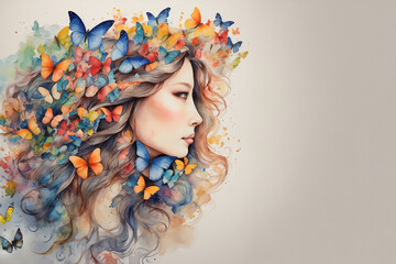 Portrait of a girl with butterflies. Artistic colorful background, watercolor