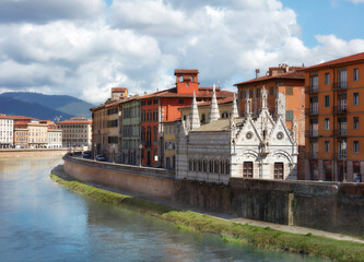 Pisa, Church of St. Maria della Spina, view from the bridge over the Arno river