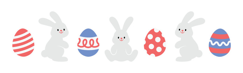 Easter bunny, rabbit and eggs ornament isolated on white 
 background. Cute modern colorful cartoon. Minimal design elements for seasonal holiday decoration. Vector illustration.
