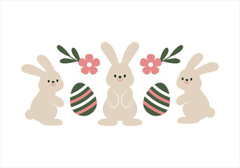 Easter bunny rabbit and eggs with floral ornament isolated on white background. Cute modern minimal style vector illustration art in pastel color. Design elements for seasonal holiday decoration.