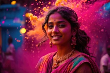Obraz na płótnie Canvas a woman in a pink sari smiles at the camera, festival of rich colors, holi festival of rich color, portrait happy colors