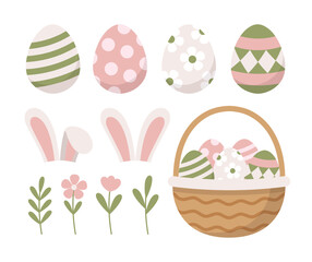 Easter day design elements for seasonal holiday decoration isolated on white background. Bunny, rabbit ears, eggs with ornament, Floral, basket. Cute modern pastel cartoon. Vector illustration art.